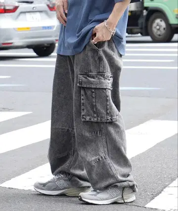 빈티지 메이크 레트로 라이크 케미컬 워시 와이드 카고 데님 팬츠