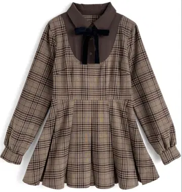 리본 포함 셔츠 도킹 체크 무늬 플리츠 미니 원피스