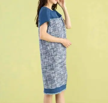 로즈 티아라 데님 트위드 반팔 무릎 기장 원피스 프린지 38