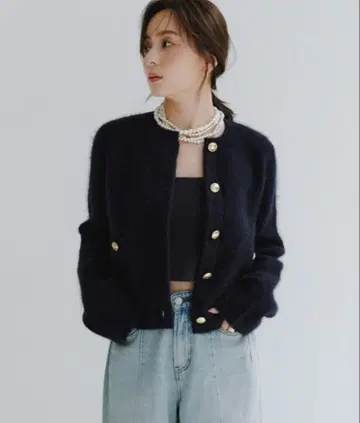 anuans 캐시미어 블렌드 노카라 니트 자켓 네이비