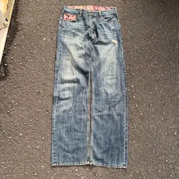 00s archive 데님 팬츠 벚꽃 일본풍 패턴 초와이드 페이드 그런지