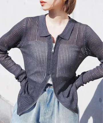 [택 포함 새상품] tiptop 라메 시어 카라 더블 지퍼 가디건