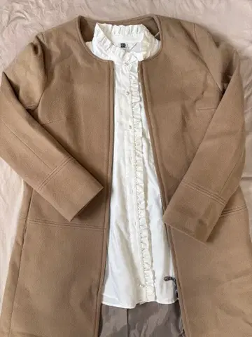 울 혼방 노카라 롱 코트 베이지