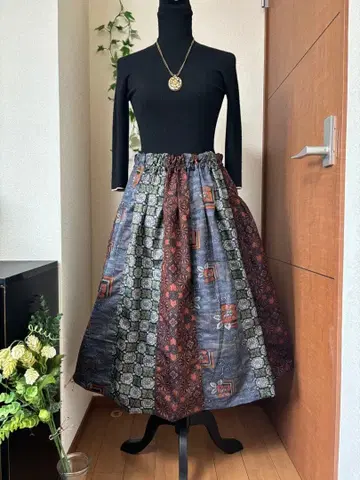 기모노 리메이크 핸드메이드 절개 개더 스커트 순수 실크