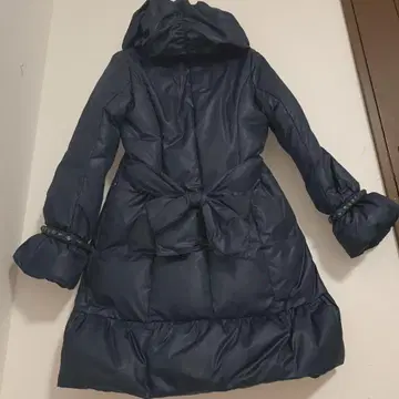 네이비 리본 프릴 다운 코트 스터드 소매 A라인 여성용 방한 38