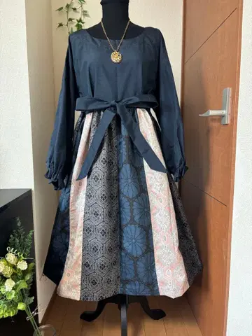 기모노 리메이크 핸드메이드 원피스 순수 실크 절개