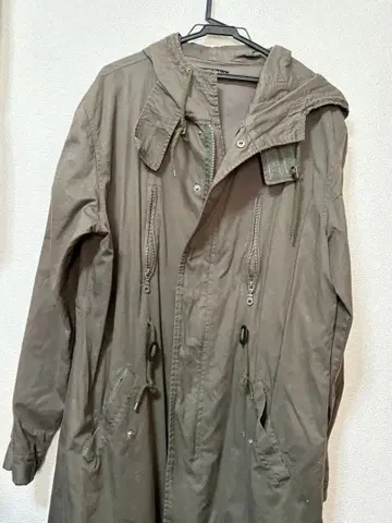 올리브 그린 후드 부착 모즈 코트 그런지 y2k