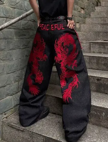 제이드 런던 드래곤 자수 와이드 팬츠 데님 Y2K 스트릿 최저가