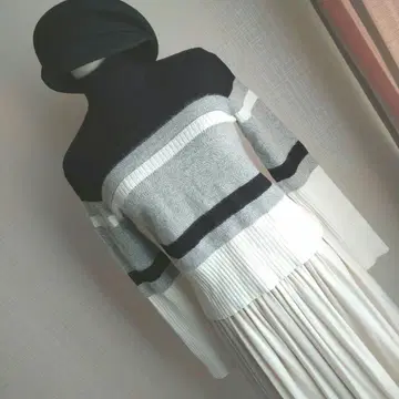 띠어리 보더 니트 스웨터 긴팔 그레이/블랙/화이트 실크 알파카