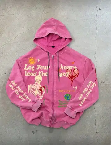 핑크 지퍼 후드티 해골 스트릿 Y2K 가격 인하