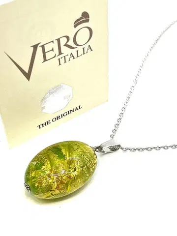 [ 이탈리아제 ] 그린 골드 베이스 베네치안 유리 목걸이 인증서 포함