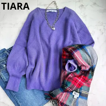 티아라 V넥 니트 리브 니트 포원 소매 긴 길이 퍼플 리브 새상품급