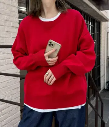 새상품 [면 100% 워셔블] 맨투맨 스타일 볼륨 슬리브 니트 레드