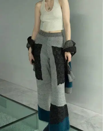 Juemi 콤비네이션 니트 팬츠 이소재 MIX 브라운