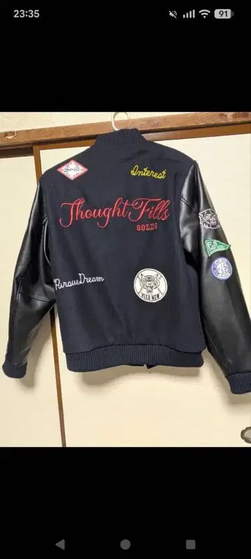 바시티 자켓 자수 가죽 소매