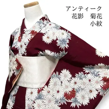 앤티크 코몬 국화 하나카게 금채 와인 레드 기모노 112b d