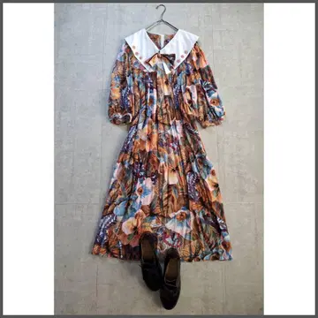 90s 빈티지 올드 올 패턴 레트로 구제 의류 빅 칼라 롱 원피스