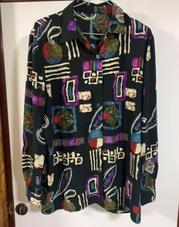 폴리셔츠 구제 의류 한국 컬러풀 기하학 패턴 긴팔 셔츠