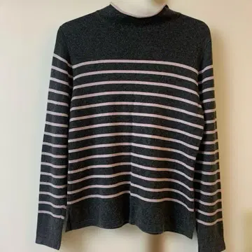 실크 캐시미어 보더 니트 그레이 페일 핑크 하이넥