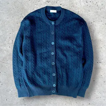 빈티지 케이블 짜임 울 쿨넥 가디건 블랙
