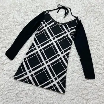 [ c6595 ] 튜닉 긴팔 블랙 화이트 체크 무늬