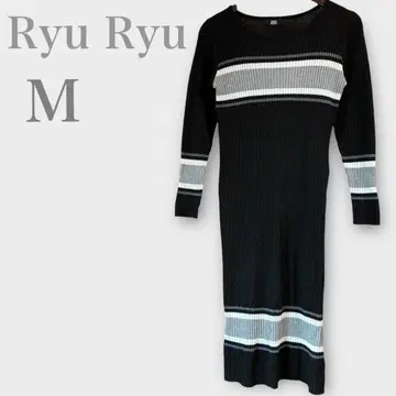 류류 리브 니트 롱 원피스 보더 블랙 계열 M