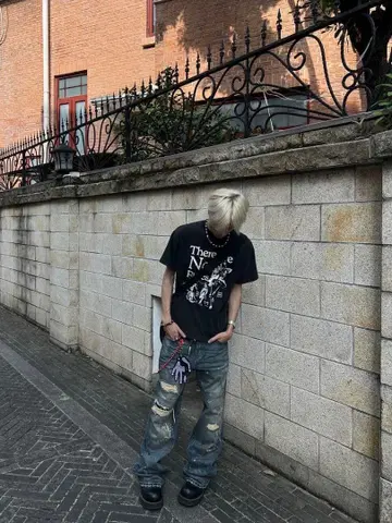 부츠컷 데님 플레어 데님 파랑 데미지 가공