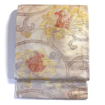 5k3020 후쿠로 오비 실크 골드 컬러 베이지 꽃무늬 일본 의류 기모노