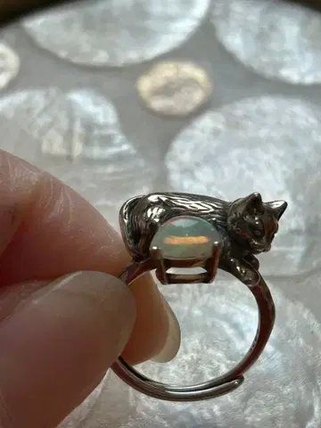 고양이 모티브 펄 반지 실버 캣 디자인 프리 사이즈