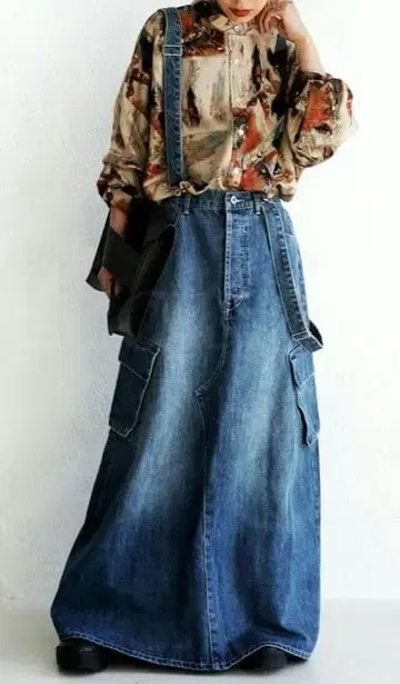 안티카 빈티지 데님 살로펫 롱 스커트