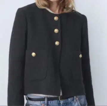 ZARA 자라 트위드 메탈 골드 버튼 노카라 재킷 26
