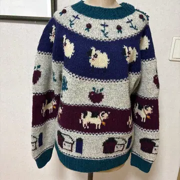 동물 패턴 니트 스웨터 긴팔 그레이