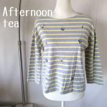 애프터눈 티 꽃 부케 자수입 7부 소매 보더 티셔츠