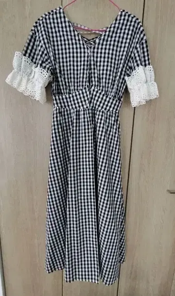 깅엄 체크 반팔 원피스