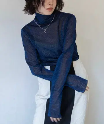 블루 라메 시어 터틀넥 탑