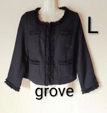 컨디션 최상 그로브 블랙 네이비 프린지 트위드 노카라 자켓 L