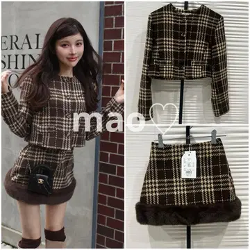 숏 트위드 자켓 도킹 퍼 트위드 미니 스커트 셋업