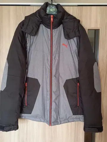 Puma 후드 부착 다운 코트 그레이/블랙