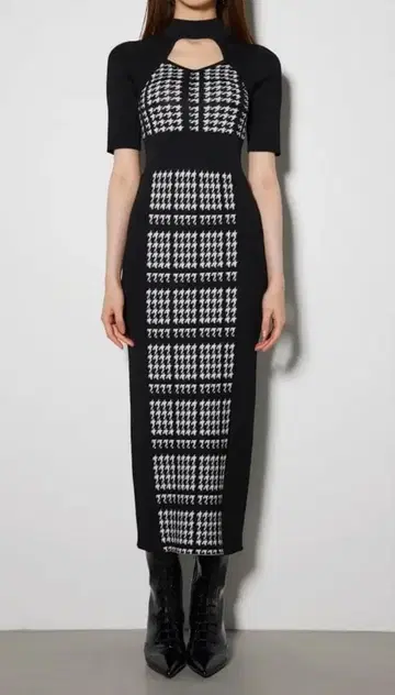 리엔다 니트 원피스 반팔 하운드투스 체크 패턴
