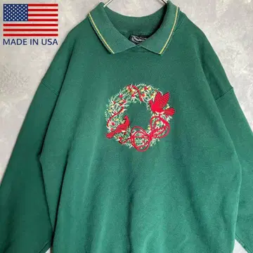 미국제 옷깃 맨투맨 MADE IN USA L 애니멀 무늬 그린 자수