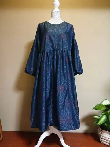 기모노 리메이크 오시마 명주 다크 네이비 꽃무늬 긴팔 원피스