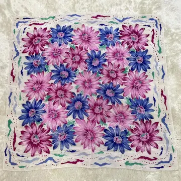 스카프 팝 꽃무늬 카와베제 실크 100% 대형 84cm 핑크 파랑 빈티지