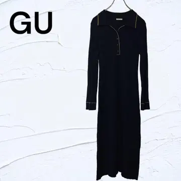 니트 원피스 GU 롱 S 카라 부착 리브 니트 안감 없음 맥시 원피스