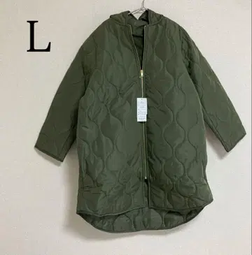 퀼팅 코트 롱 다운 노카라 이너 보아 L 카키 코트