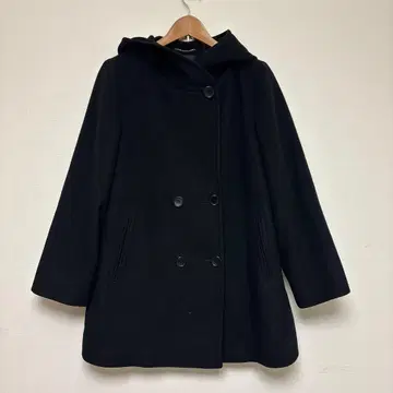 23구 후드 부착 더블 버튼 코트 블랙