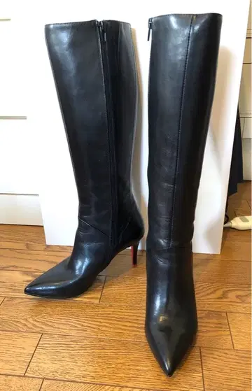블랙 가죽 롱 부츠 하이힐