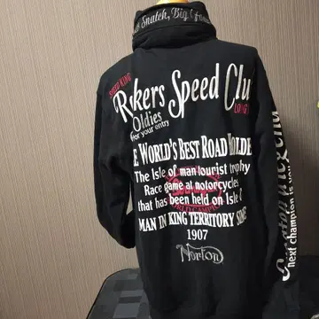 Norton 바이커 후드 부착 아우터 블랙 자수 풀 집업 버튼