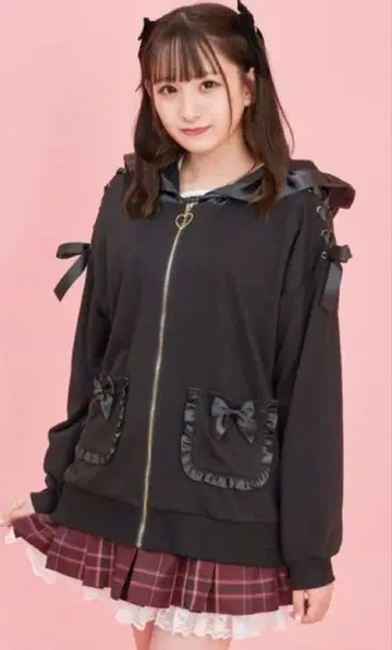 시크릿허니 [ 블랙 프릴 리본 후드티 ]