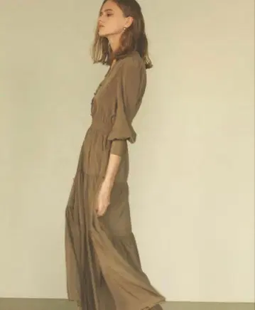 [ cachec ] 볼륨 플레어 롱 원피스 카키