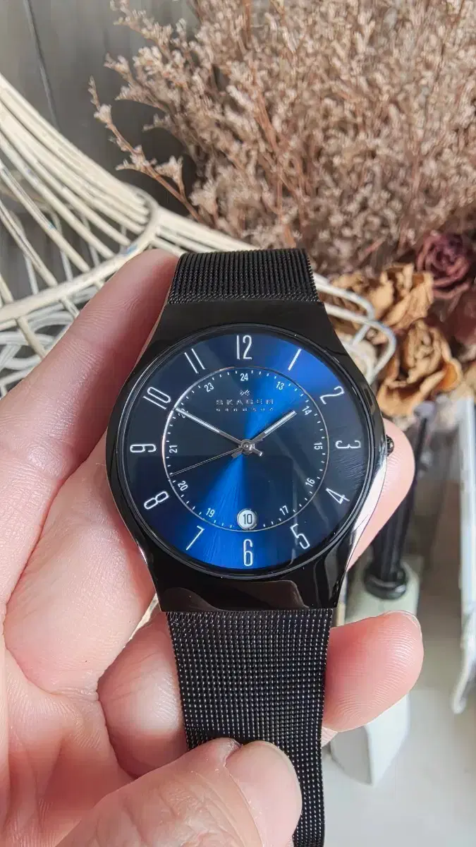 Skagen Black Mesh Watch Blue Dial